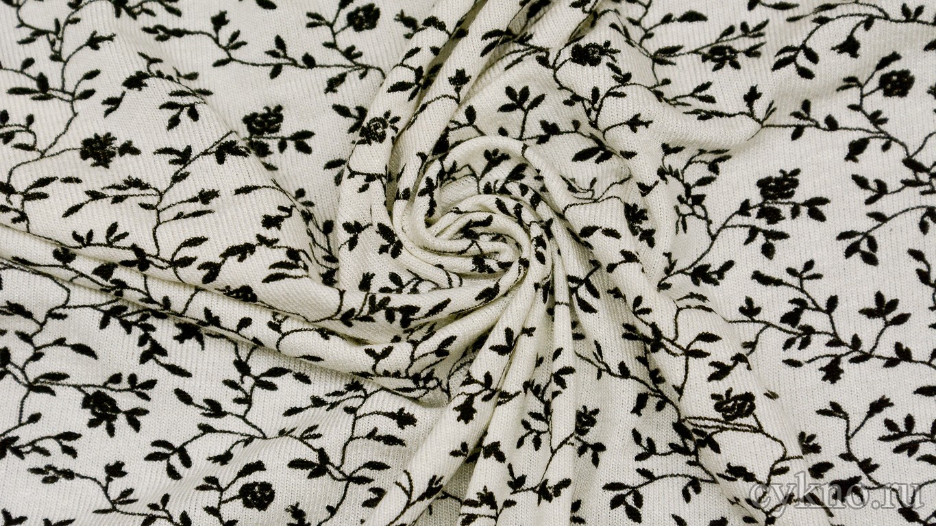 Трикотаж хлопковый "Черные цветы на белом"